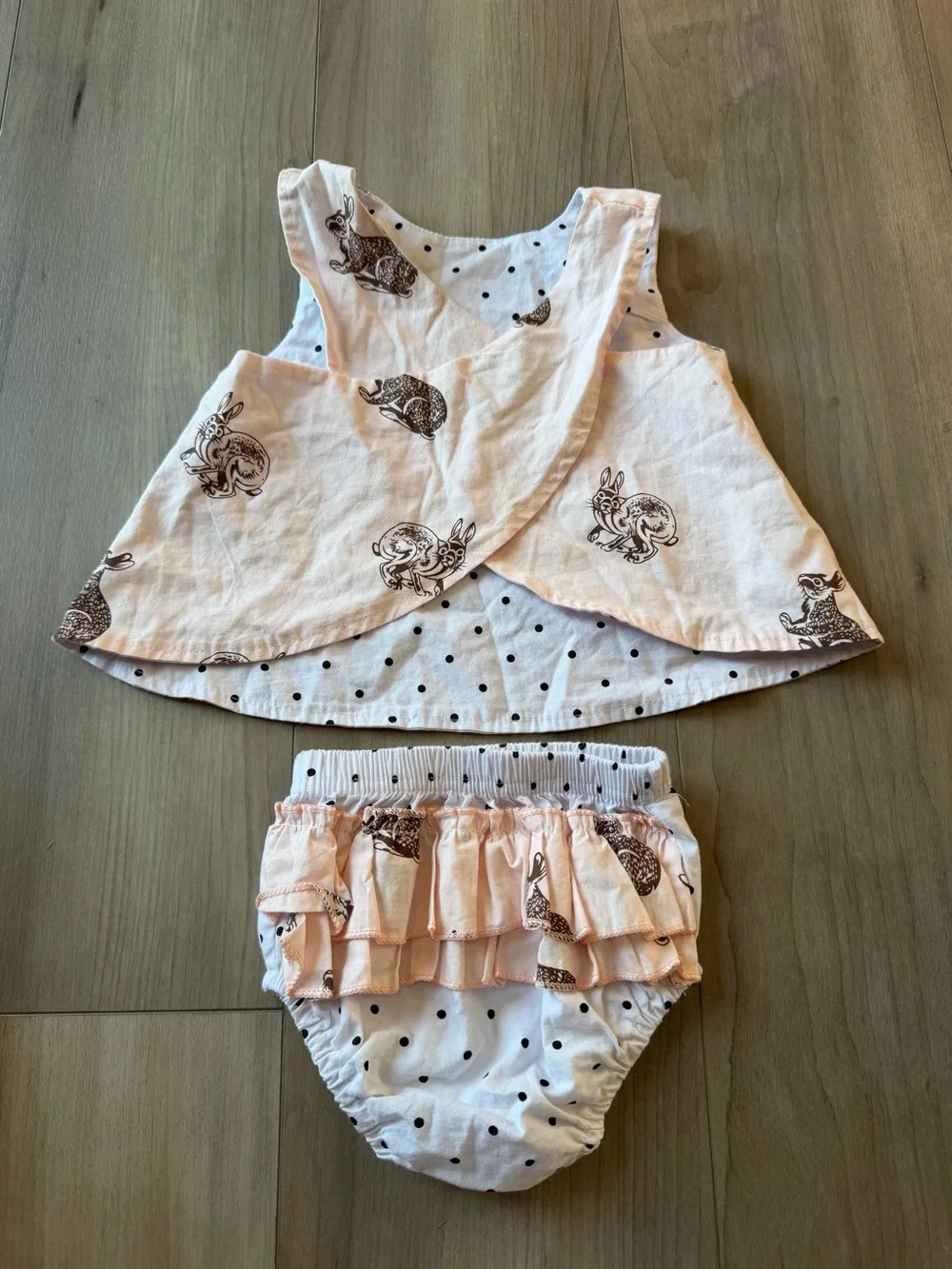 White Bunny Print Toddler Top with Polka Dot Bloomers